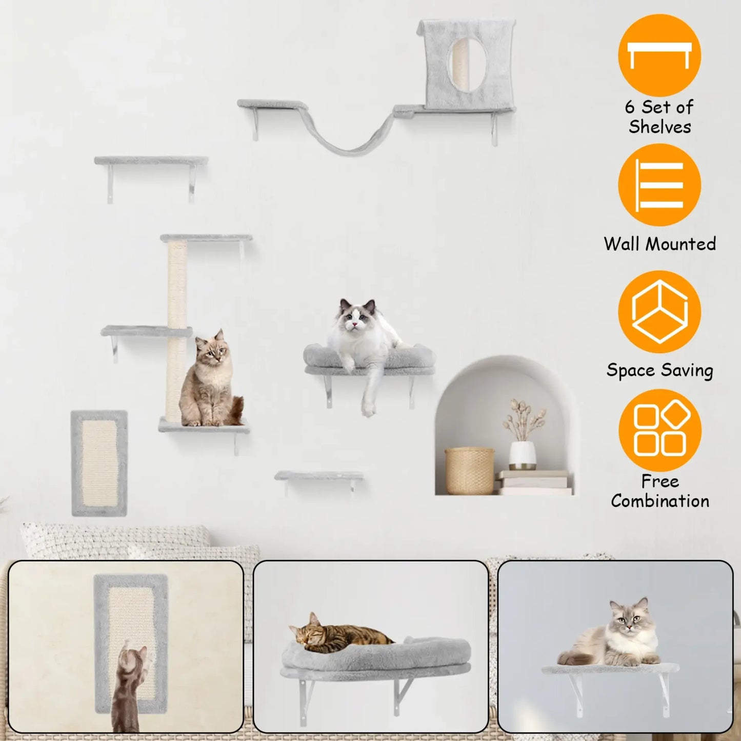 Set of 6 Cat Wall Shelves